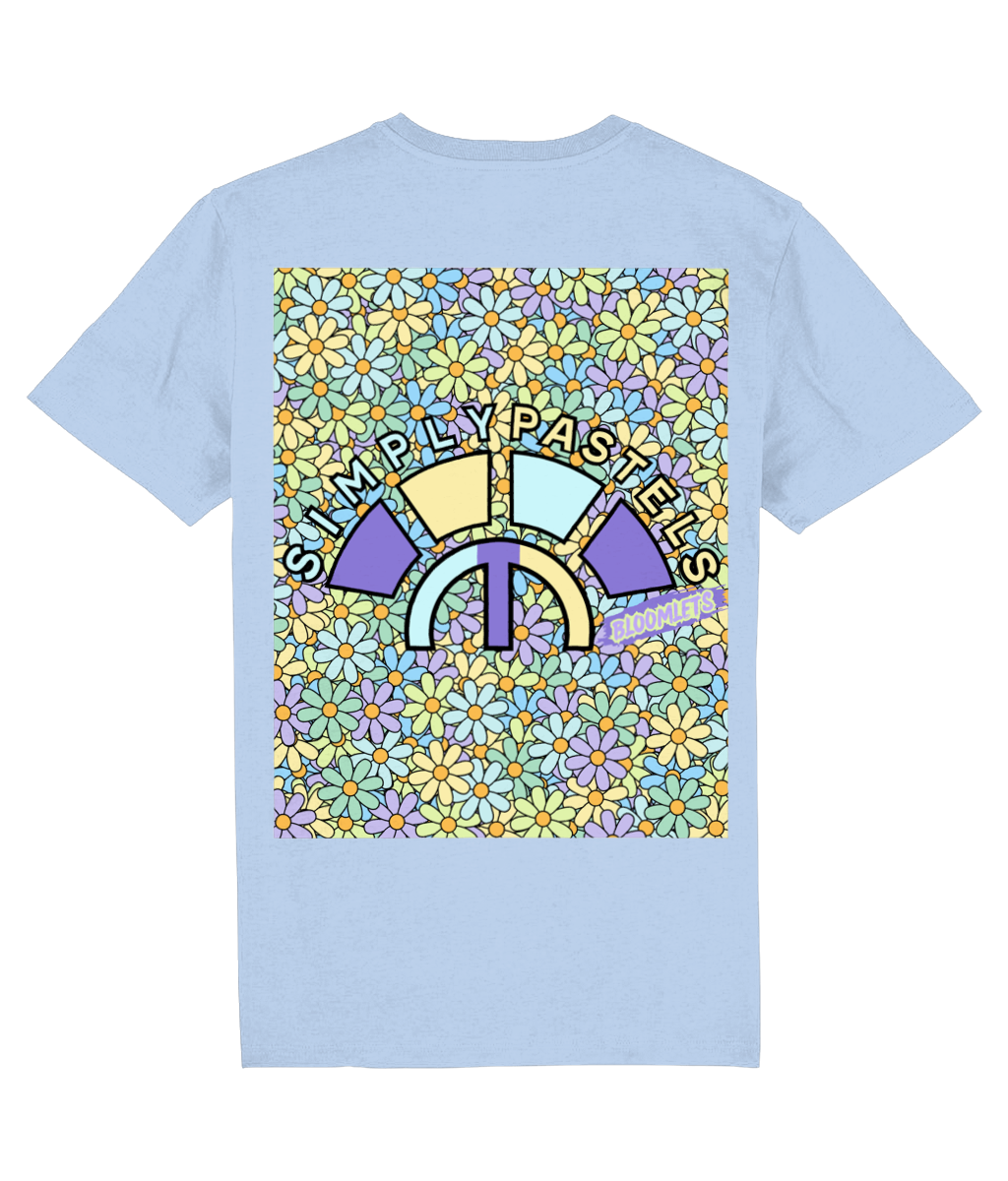 Back view of the blue Bloomlets organic cotton t-shirt with a pastel graphic design, laid flat, from Simply Pastels, a UK-based premium ethical clothing brand.
