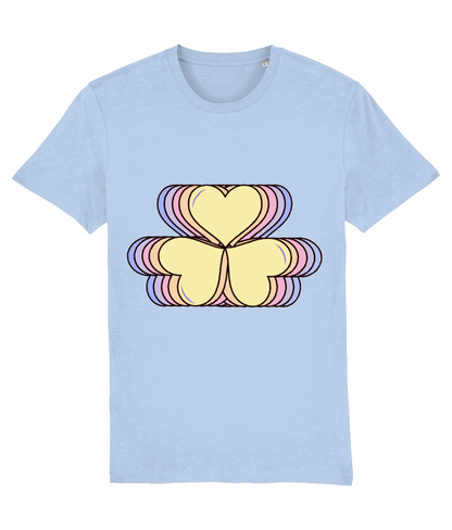 Front view of the blue soul Amorelle  organic cotton t-shirt with a pastel graphic design, laid flat, from Simply Pastels, a UK-based premium ethical clothing brand.