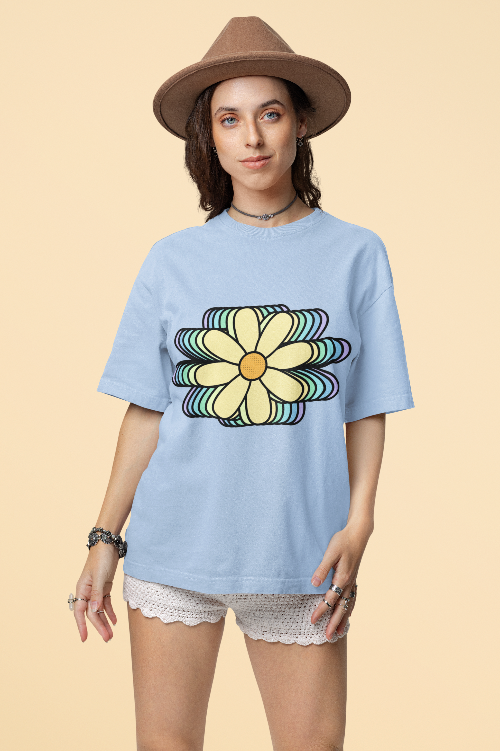 Front view of the blue soul Bloomlets organic cotton t-shirt with a pastel graphic design, from Simply Pastels, a UK-based premium ethical clothing brand.