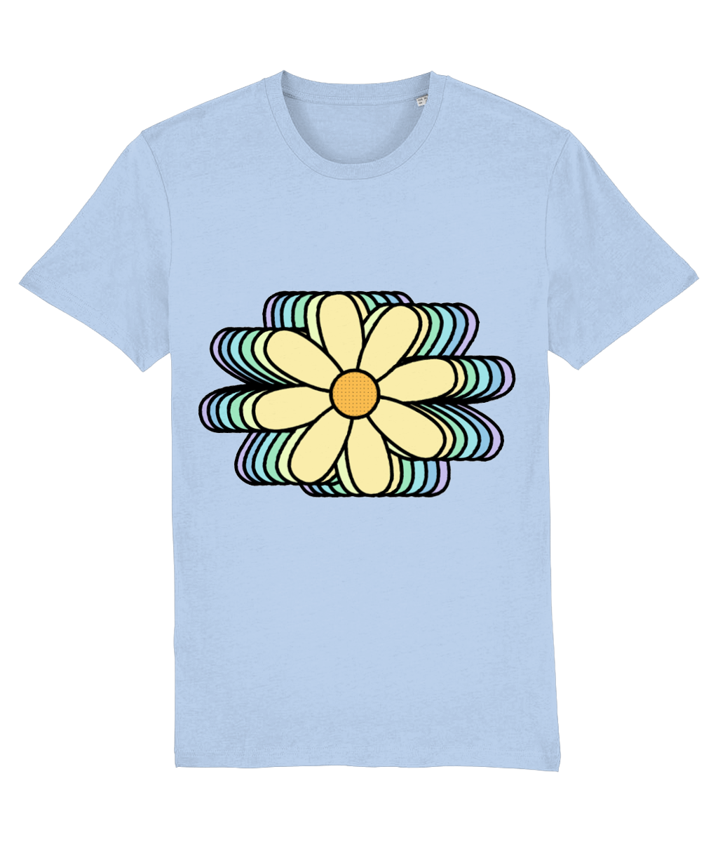 Front view of the blue soul Bloomlets organic cotton t-shirt with a pastel graphic design, laid flat, from Simply Pastels, a UK-based premium ethical clothing brand.