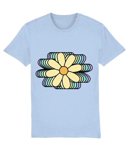 Front view of the blue soul Bloomlets organic cotton t-shirt with a pastel graphic design, laid flat, from Simply Pastels, a UK-based premium ethical clothing brand.
