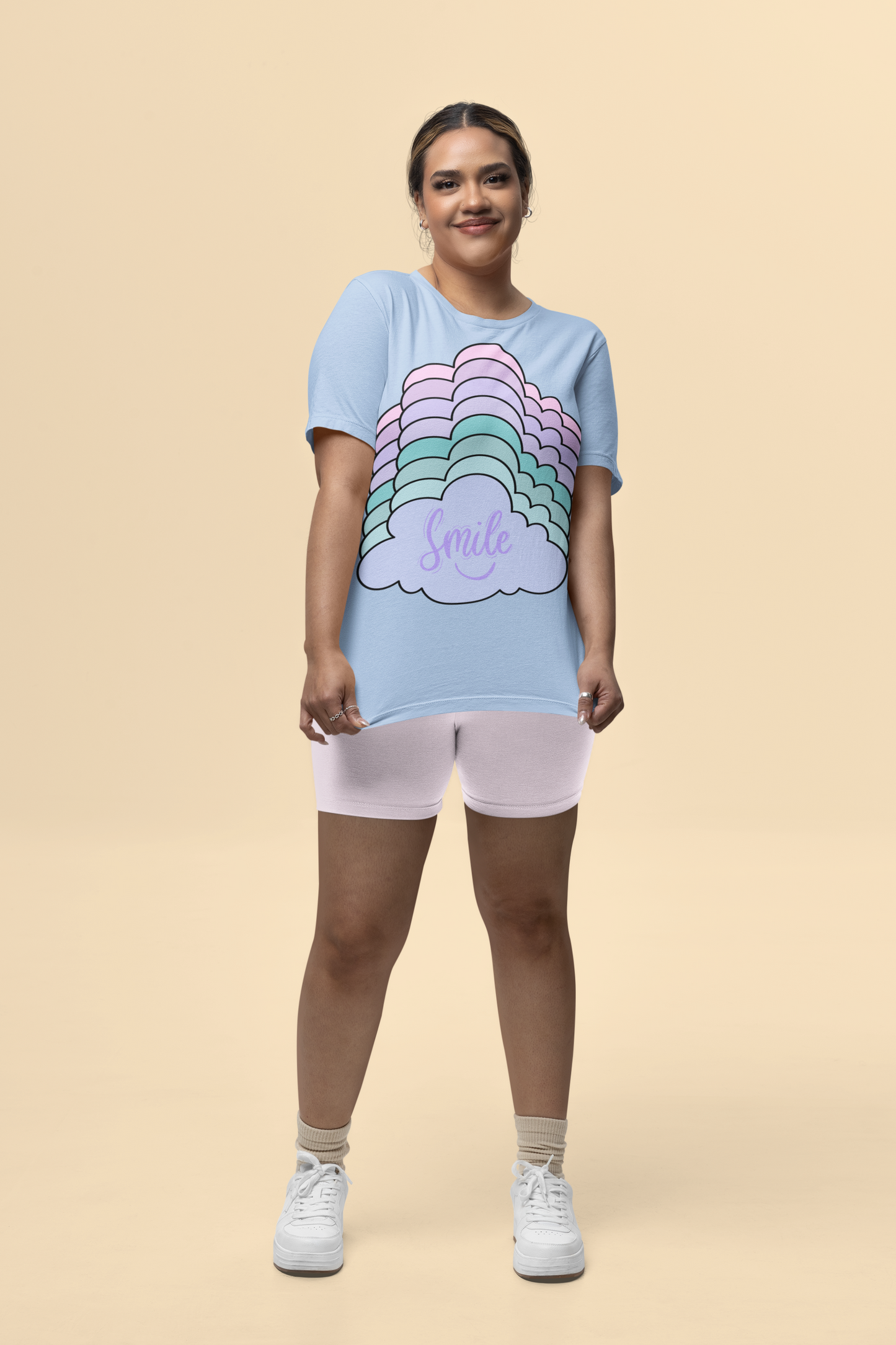 Front view of the blue soul Kloudie organic cotton t-shirt with a pastel graphic design, from Simply Pastels, a UK-based premium ethical clothing brand.