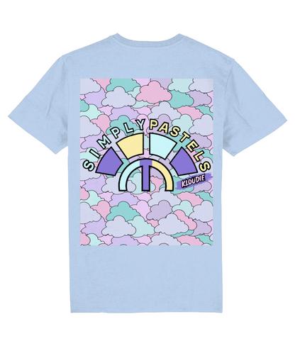 Back view of the blue soul Kloudie organic cotton t-shirt with a pastel graphic design, laid flat, from Simply Pastels, a UK-based premium ethical clothing brand.