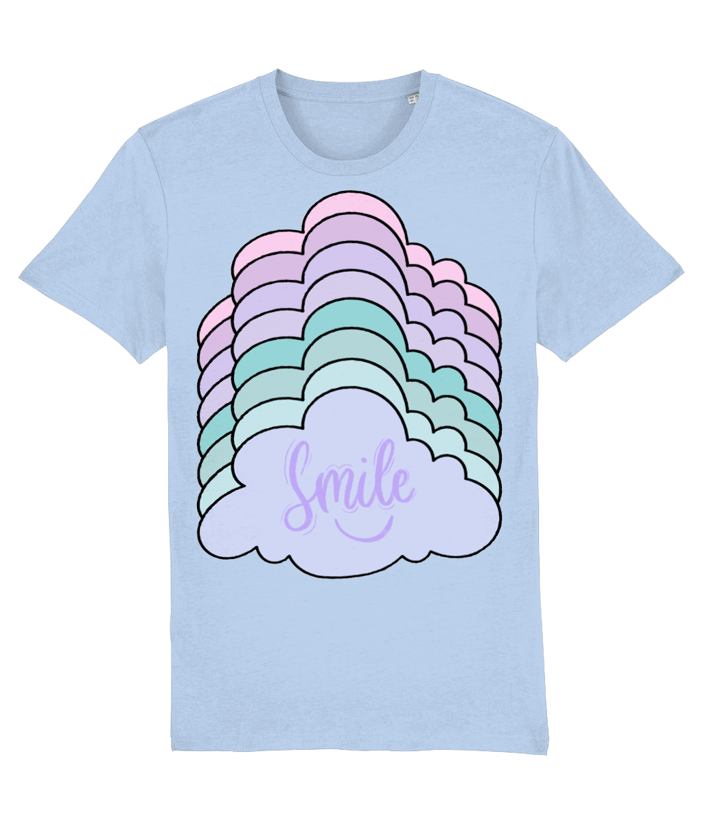 Front view of the blue soul Kloudie organic cotton t-shirt with a pastel graphic design, laid flat, from Simply Pastels, a UK-based premium ethical clothing brand.