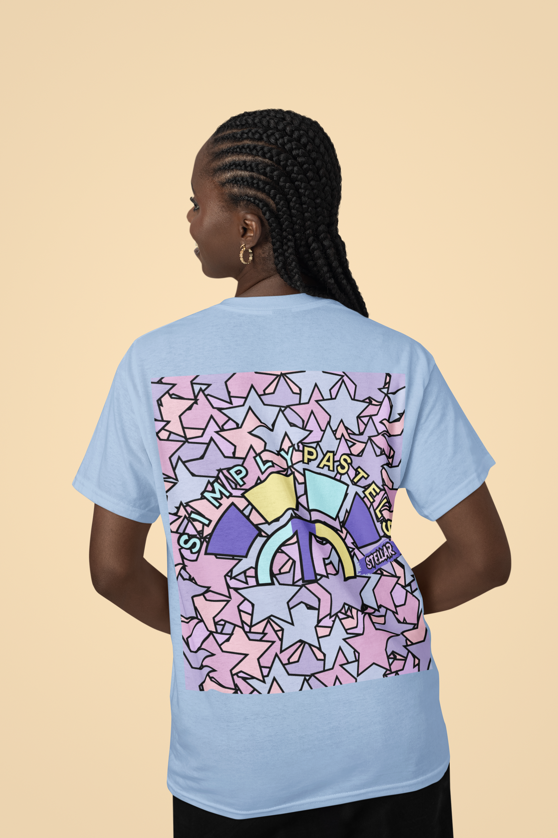 Back view of the blue soul Stellar organic cotton t-shirt with a pastel graphic design, from Simply Pastels, a UK-based premium ethical clothing brand.