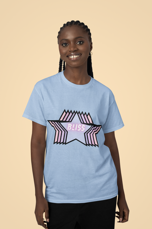 Front view of the blue soul Stellar organic cotton t-shirt with a pastel graphic design, from Simply Pastels, a UK-based premium ethical clothing brand.