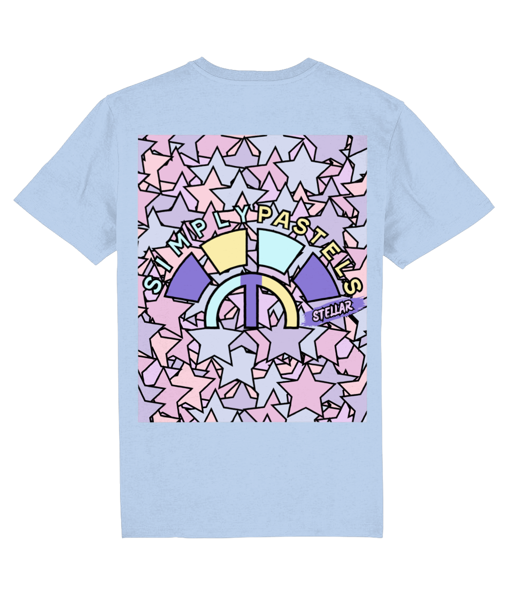 Back view of the blue soul Stellar organic cotton t-shirt with a pastel graphic design, laid flat, from Simply Pastels, a UK-based premium ethical clothing brand.