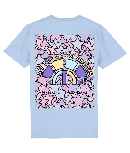 Back view of the blue soul Stellar organic cotton t-shirt with a pastel graphic design, laid flat, from Simply Pastels, a UK-based premium ethical clothing brand.