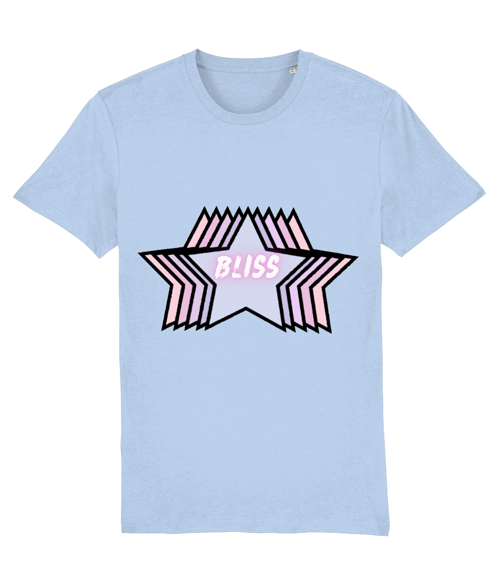 Front view of the blue soul Stellar organic cotton t-shirt with a pastel graphic design, laid flat, from Simply Pastels, a UK-based premium ethical clothing brand.