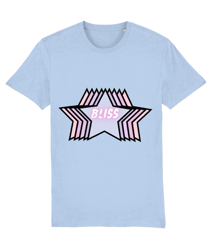 Front view of the blue soul Stellar organic cotton t-shirt with a pastel graphic design, laid flat, from Simply Pastels, a UK-based premium ethical clothing brand.