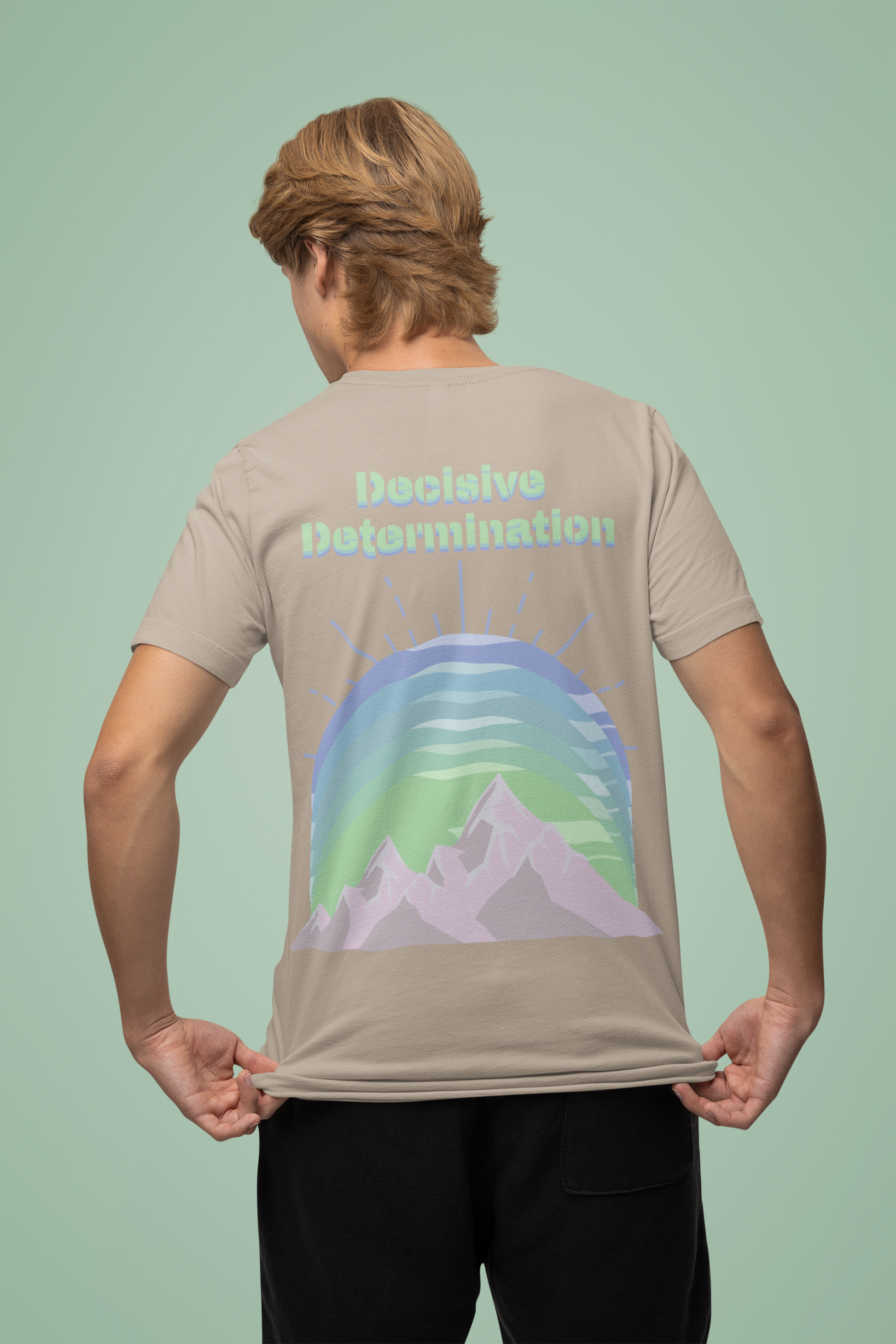 Back view of the desert dust Decisive Determination organic cotton t-shirt with a pastel graphic design, from Simply Pastels, a UK-based premium ethical clothing brand.
