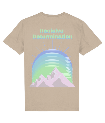 Back view of the desert dust Decisive Determination organic cotton t-shirt with a pastel graphic design, laid flat, from Simply Pastels, a UK-based premium ethical clothing brand.