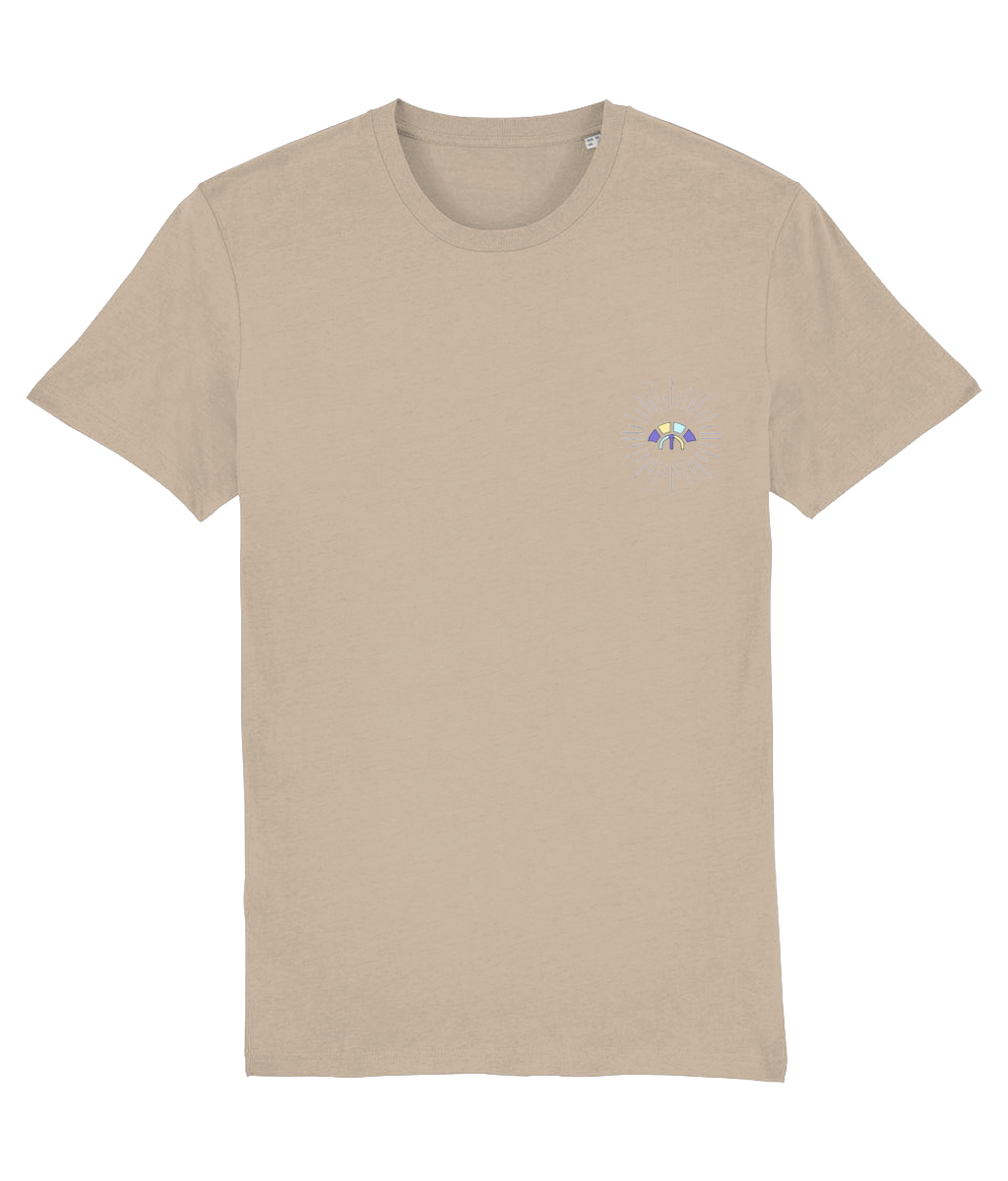 Front view of the desert dust Decisive Determination organic cotton t-shirt with a pastel graphic design, laid flat, from Simply Pastels, a UK-based premium ethical clothing brand.