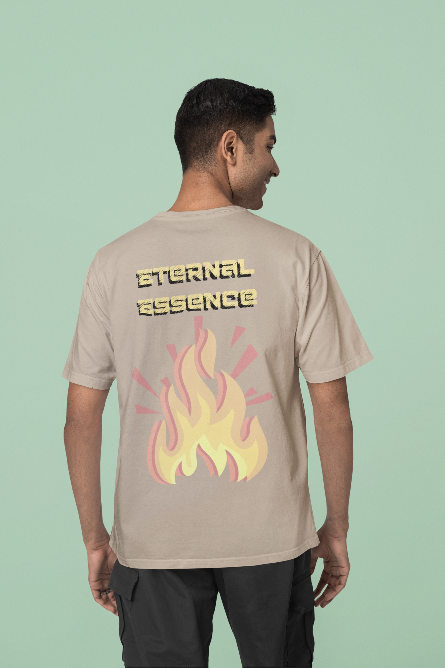 Back view of the desert dust Eternal Essence organic cotton t-shirt with a pastel graphic design, from Simply Pastels, a UK-based premium ethical clothing brand.