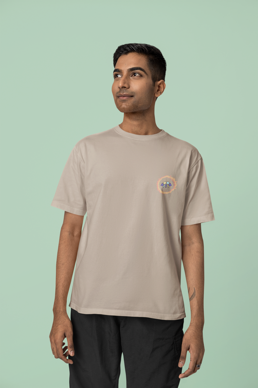 Front view of the desert dust Eternal Essence organic cotton t-shirt with a pastel graphic design, from Simply Pastels, a UK-based premium ethical clothing brand.