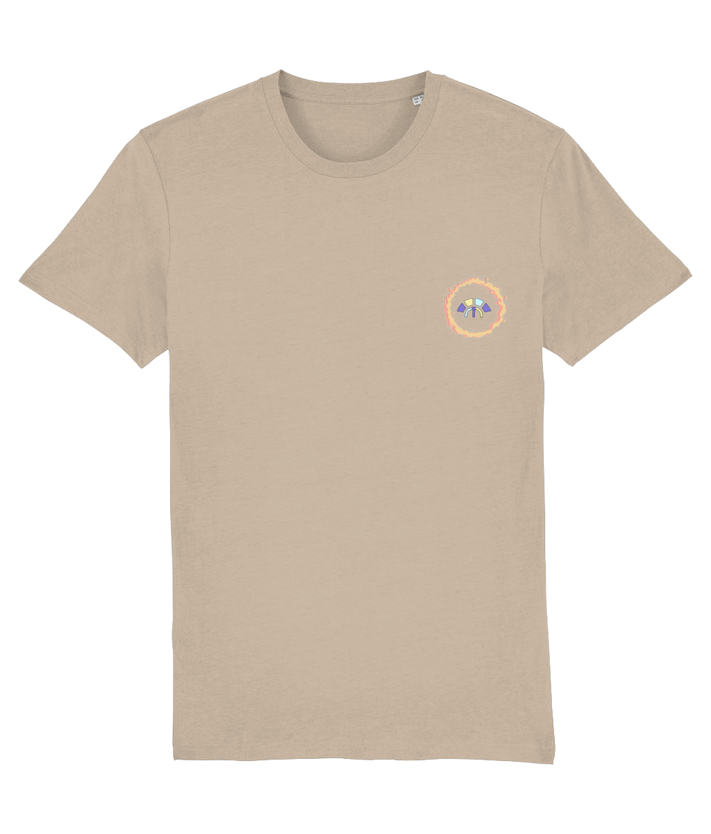 Front view of the desert dust Eternal Essence organic cotton t-shirt with a pastel graphic design, laid flat, from Simply Pastels, a UK-based premium ethical clothing brand.