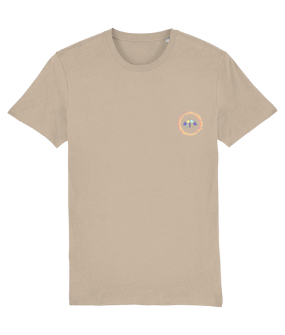 Front view of the desert dust Eternal Essence organic cotton t-shirt with a pastel graphic design, laid flat, from Simply Pastels, a UK-based premium ethical clothing brand.