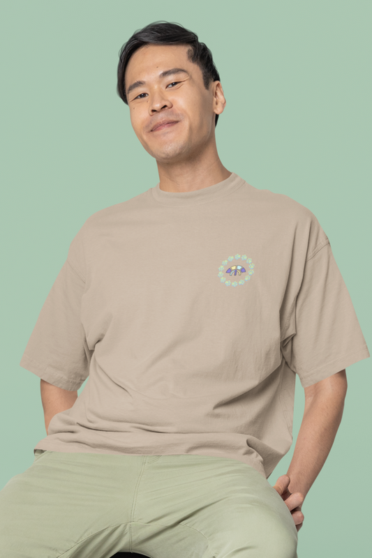 Front view of the desert dust Firm Fortitude organic cotton t-shirt with a pastel graphic design, from Simply Pastels, a UK-based premium ethical clothing brand.