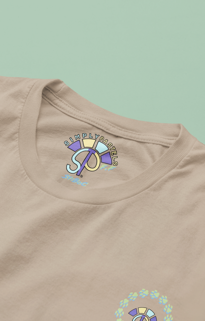 Label view of the desert dust Firm Fortitude organic cotton t-shirt with a pastel graphic design, from Simply Pastels, a UK-based premium ethical clothing brand.