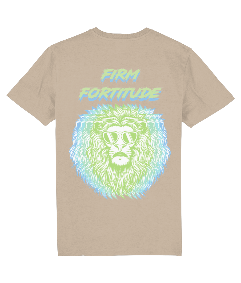 Back view of the desert dust Firm Fortitude organic cotton t-shirt with a pastel graphic design, laid flat, from Simply Pastels, a UK-based premium ethical clothing brand.