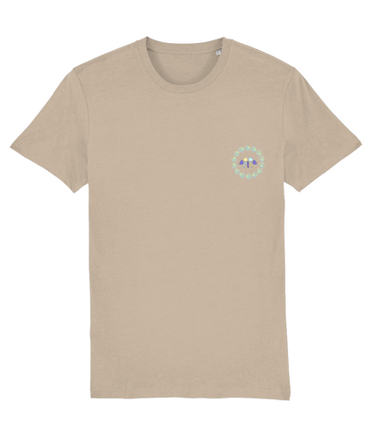 Front view of the desert dust Firm Fortitude organic cotton t-shirt with a pastel graphic design, laid flat, from Simply Pastels, a UK-based premium ethical clothing brand.