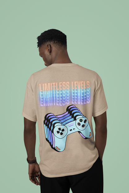 Back view of the desert dust Limitless Levels organic cotton t-shirt with a pastel graphic design, from Simply Pastels, a UK-based premium ethical clothing brand.