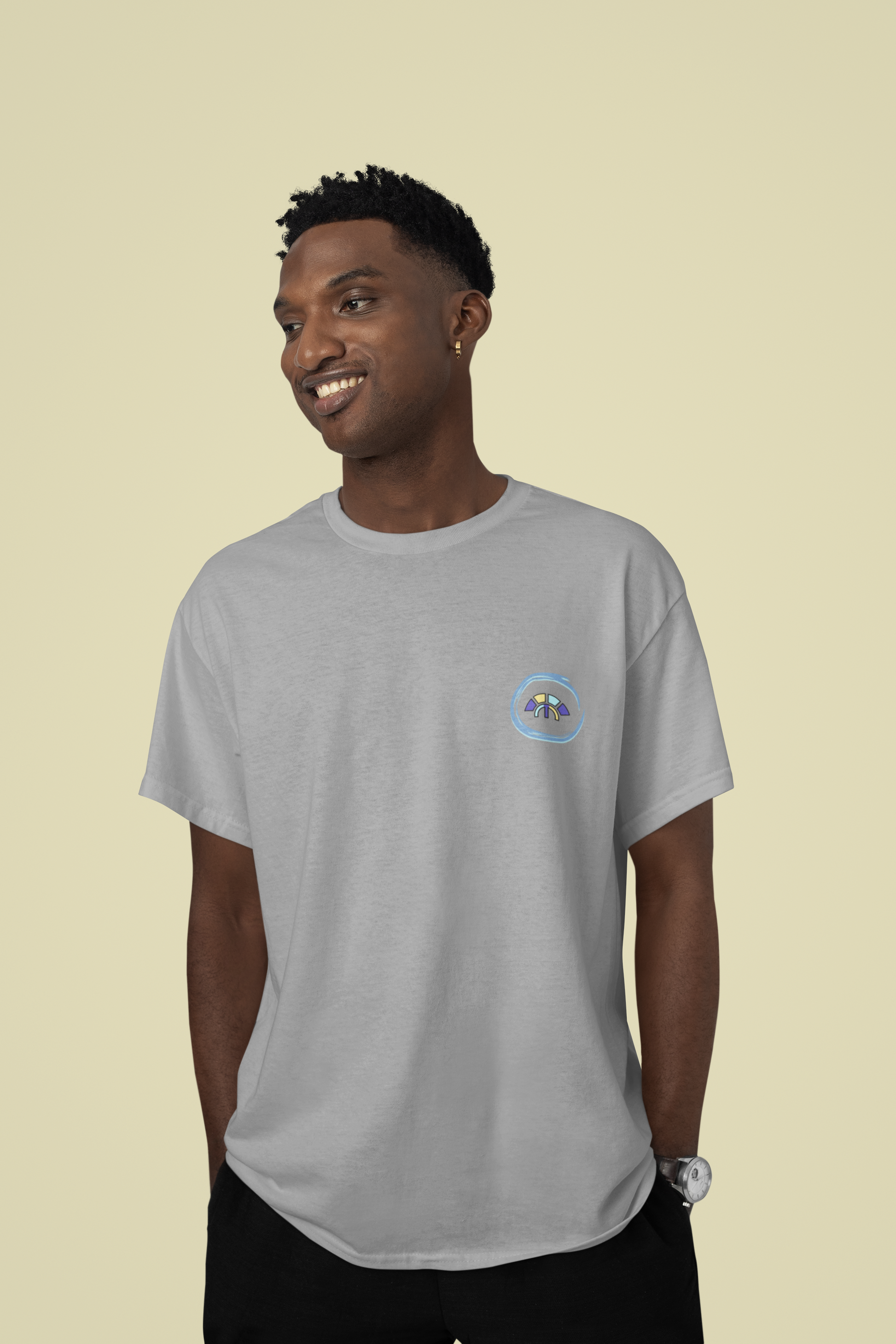 Front view of the heather grey Avid Aspiration organic cotton t-shirt with a pastel graphic design, from Simply Pastels, a UK-based premium ethical clothing brand.
