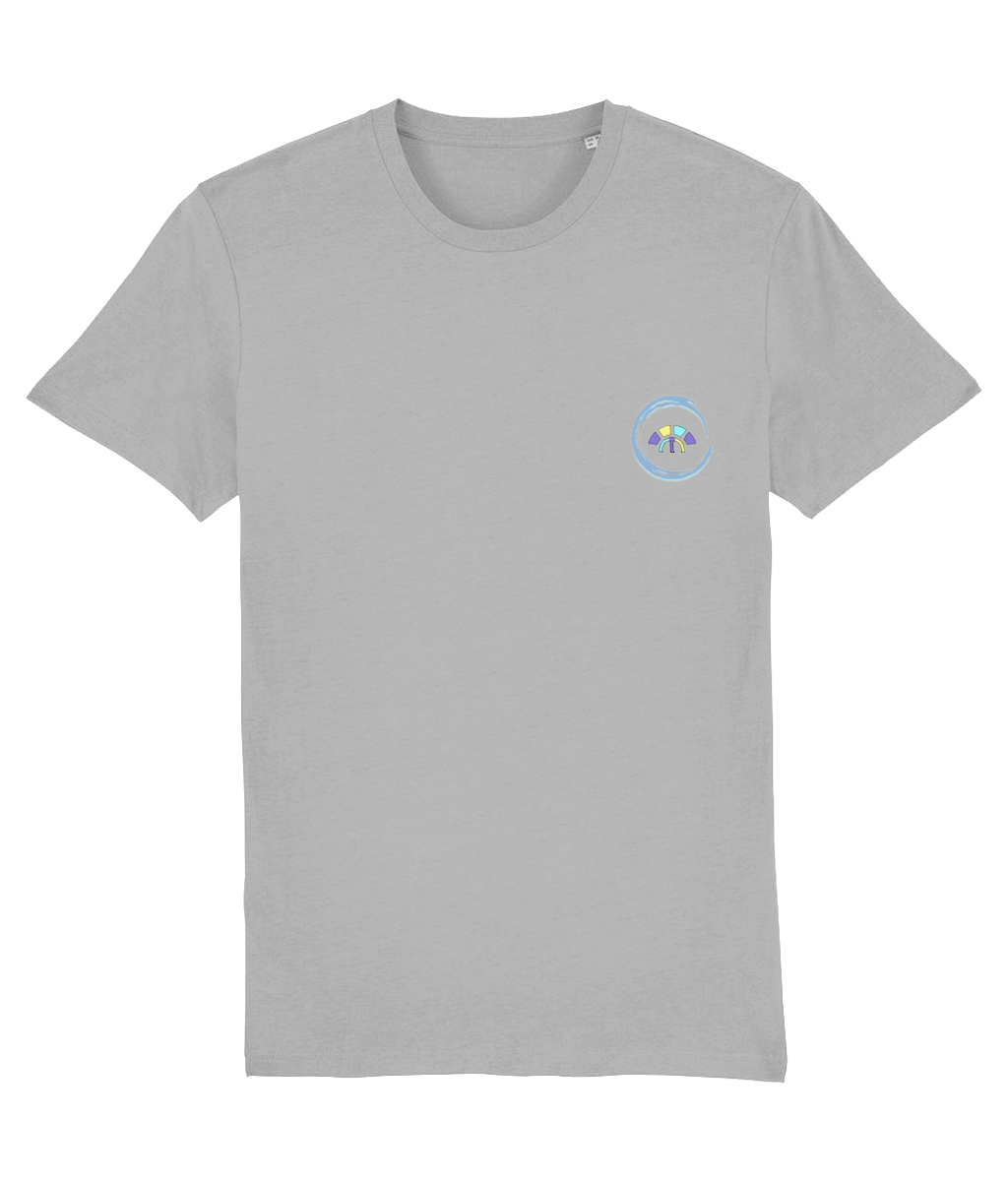 Front view of the heather grey Avid Aspiration organic cotton t-shirt with a pastel graphic design, laid flat, from Simply Pastels, a UK-based premium ethical clothing brand.