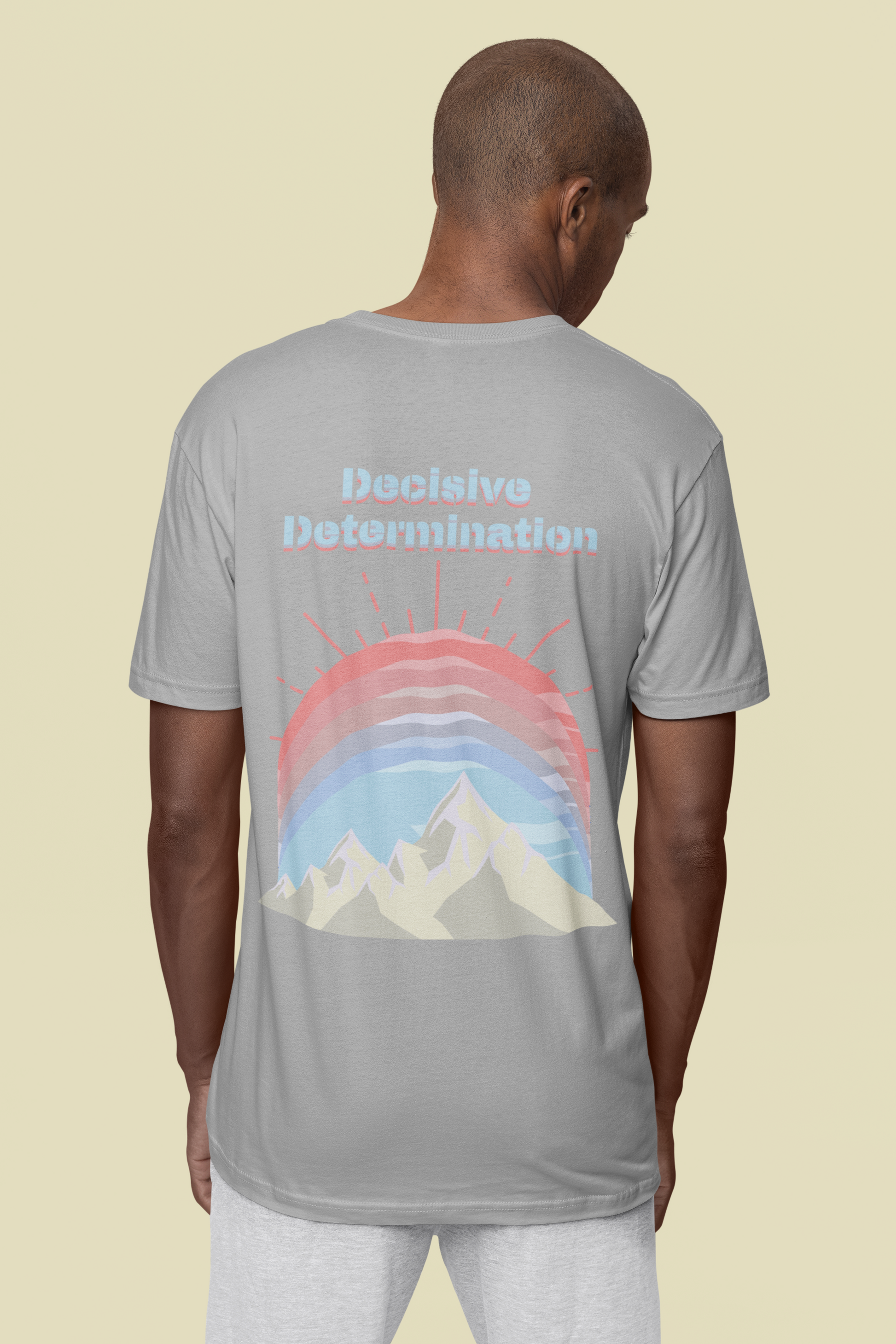 Back view of the heather grey Decisive Determination organic cotton t-shirt with a pastel graphic design, from Simply Pastels, a UK-based premium ethical clothing brand.