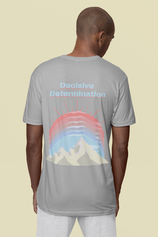 Back view of the heather grey Decisive Determination organic cotton t-shirt with a pastel graphic design, from Simply Pastels, a UK-based premium ethical clothing brand.