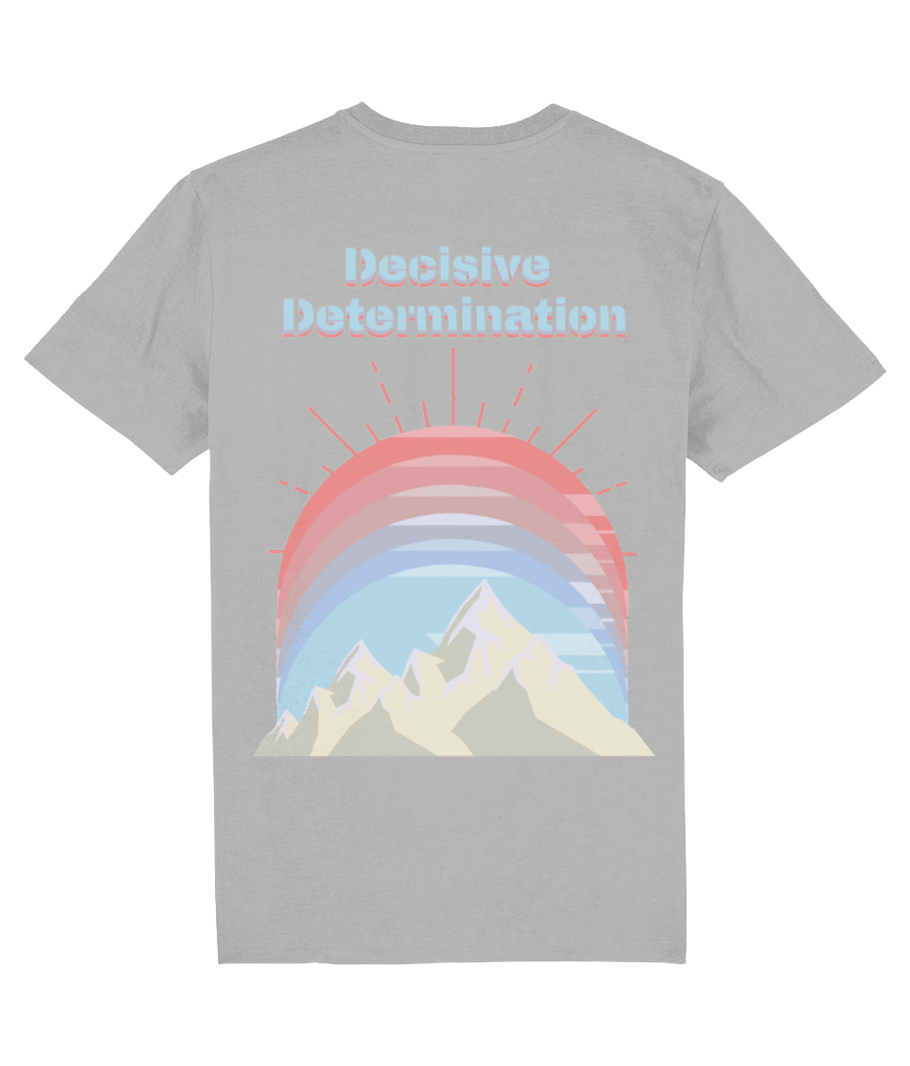 Back view of the heather grey Decisive Determination organic cotton t-shirt with a pastel graphic design, laid flat, from Simply Pastels, a UK-based premium ethical clothing brand.