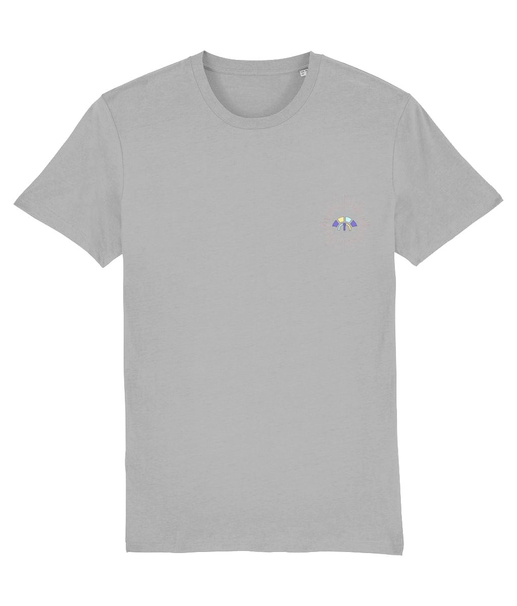 Front view of the heather grey Decisive Determination organic cotton t-shirt with a pastel graphic design, laid flat, from Simply Pastels, a UK-based premium ethical clothing brand.