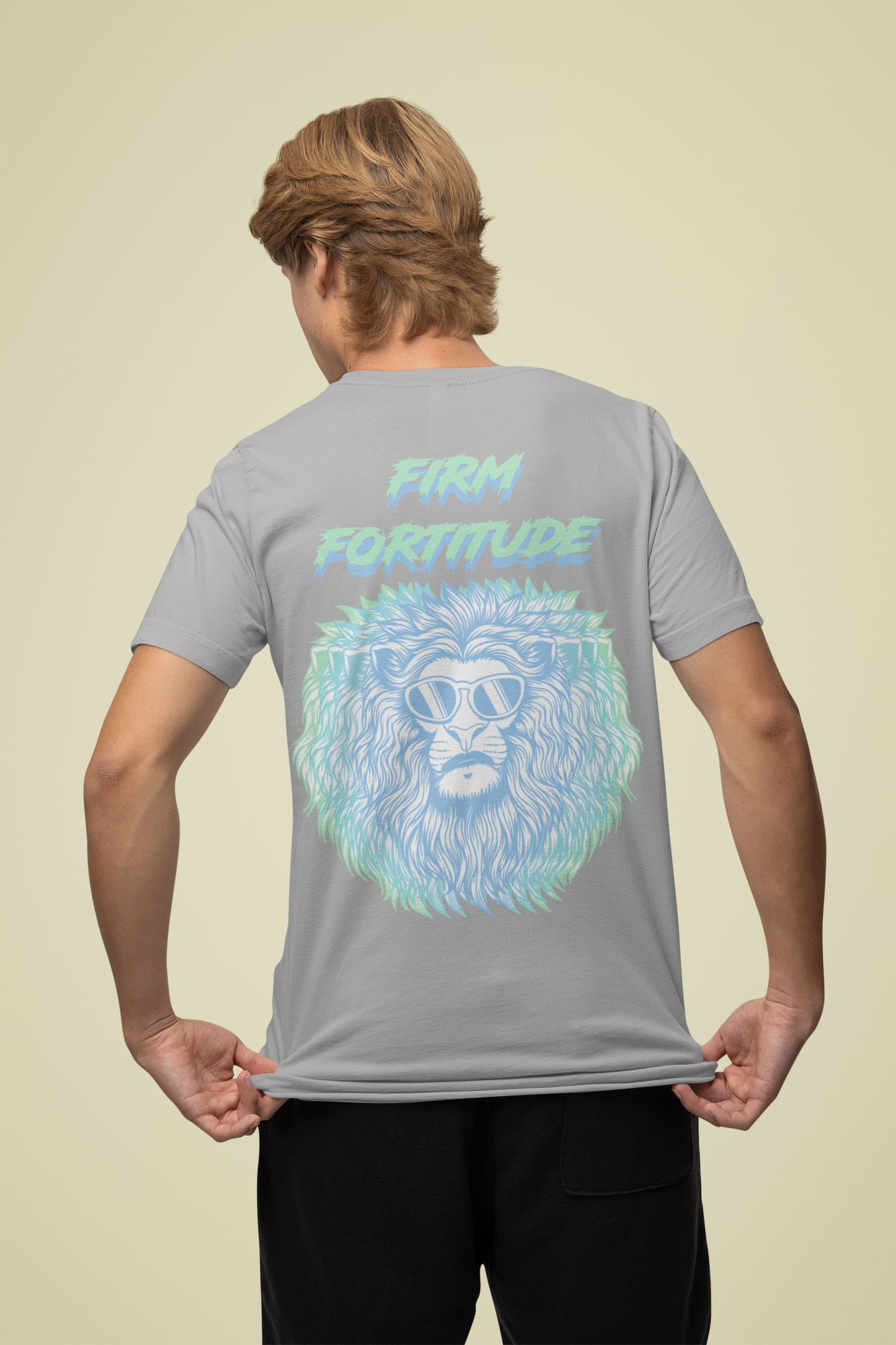 Back view of the heather grey Firm Fortitude organic cotton t-shirt with a pastel graphic design, from Simply Pastels, a UK-based premium ethical clothing brand.