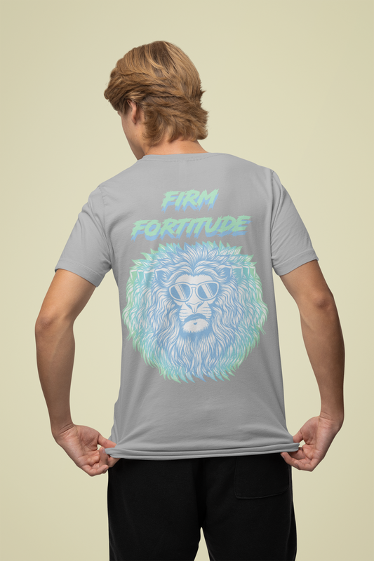 Back view of the heather grey Firm Fortitude organic cotton t-shirt with a pastel graphic design, from Simply Pastels, a UK-based premium ethical clothing brand.