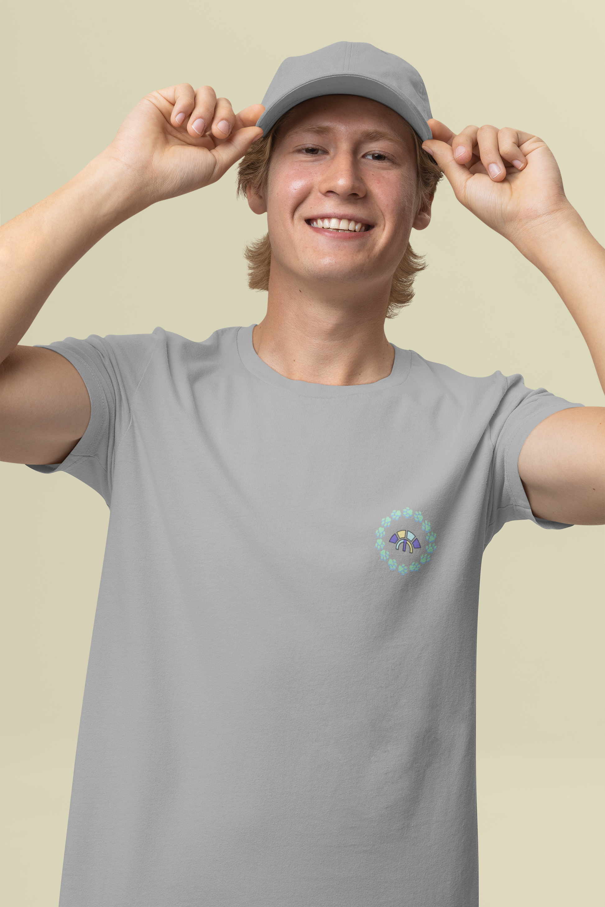 Front view of the heather grey Firm Fortitude organic cotton t-shirt with a pastel graphic design, from Simply Pastels, a UK-based premium ethical clothing brand.