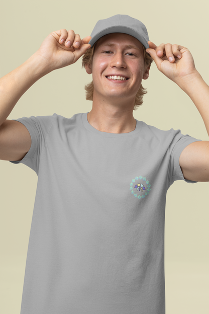 Front view of the heather grey Firm Fortitude organic cotton t-shirt with a pastel graphic design, from Simply Pastels, a UK-based premium ethical clothing brand.