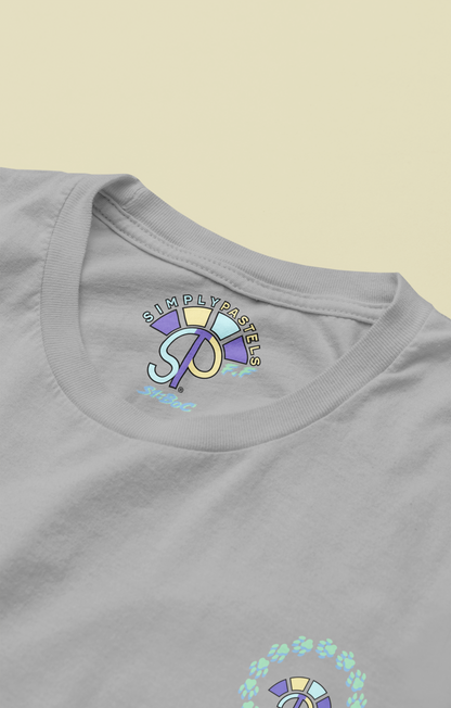 Label view of the heather grey Firm Fortitude organic cotton t-shirt with a pastel graphic design, from Simply Pastels, a UK-based premium ethical clothing brand.