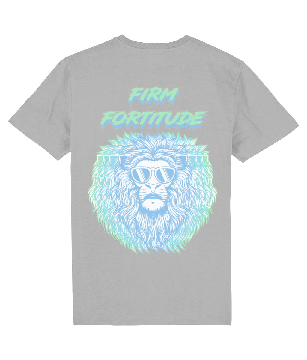 Back view of the heather grey Firm Fortitude organic cotton t-shirt with a pastel graphic design, laid flat, from Simply Pastels, a UK-based premium ethical clothing brand.