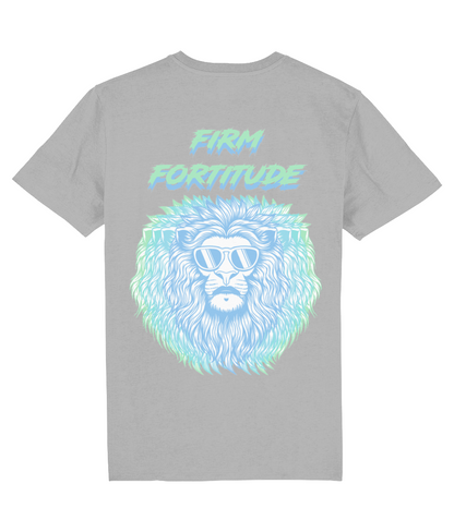 Back view of the heather grey Firm Fortitude organic cotton t-shirt with a pastel graphic design, laid flat, from Simply Pastels, a UK-based premium ethical clothing brand.