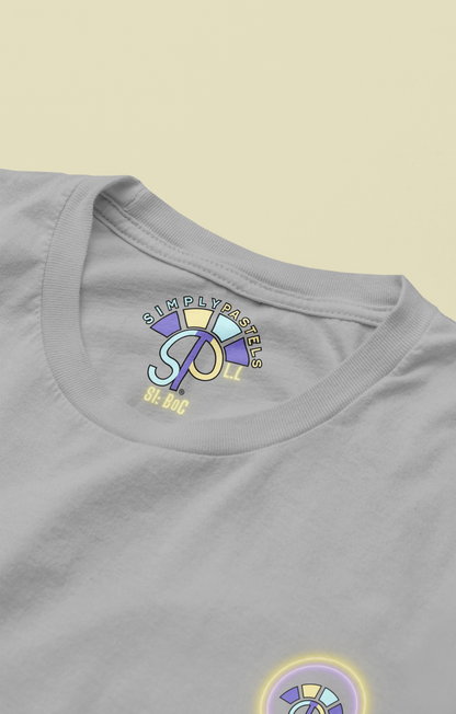 Label view of the heather grey Limitless Levels organic cotton t-shirt with a pastel graphic design, from Simply Pastels, a UK-based premium ethical clothing brand.
