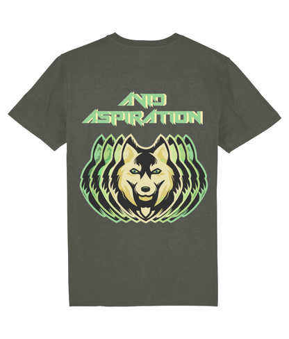 Back view of the khaki Avid Aspiration organic cotton t-shirt with a pastel graphic design, laid flat, from Simply Pastels, a UK-based premium ethical clothing brand.