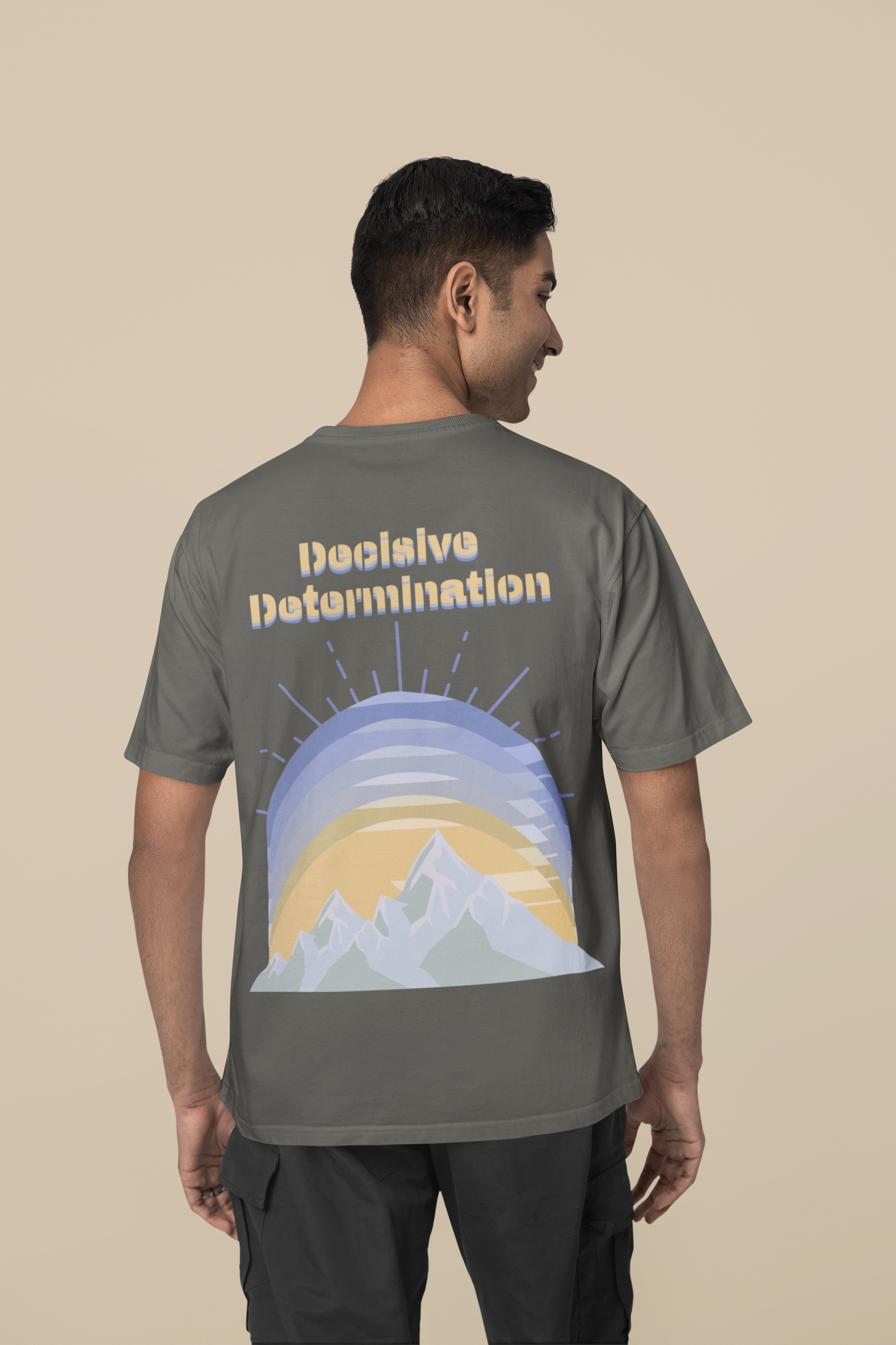 Back view of the khaki Decisive Determination organic cotton t-shirt with a pastel graphic design, from Simply Pastels, a UK-based premium ethical clothing brand.