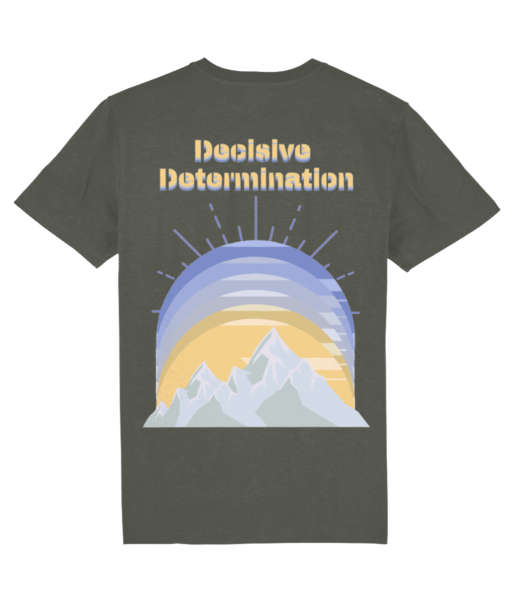 Back view of the khaki Decisive Determination organic cotton t-shirt with a pastel graphic design, laid flat, from Simply Pastels, a UK-based premium ethical clothing brand.