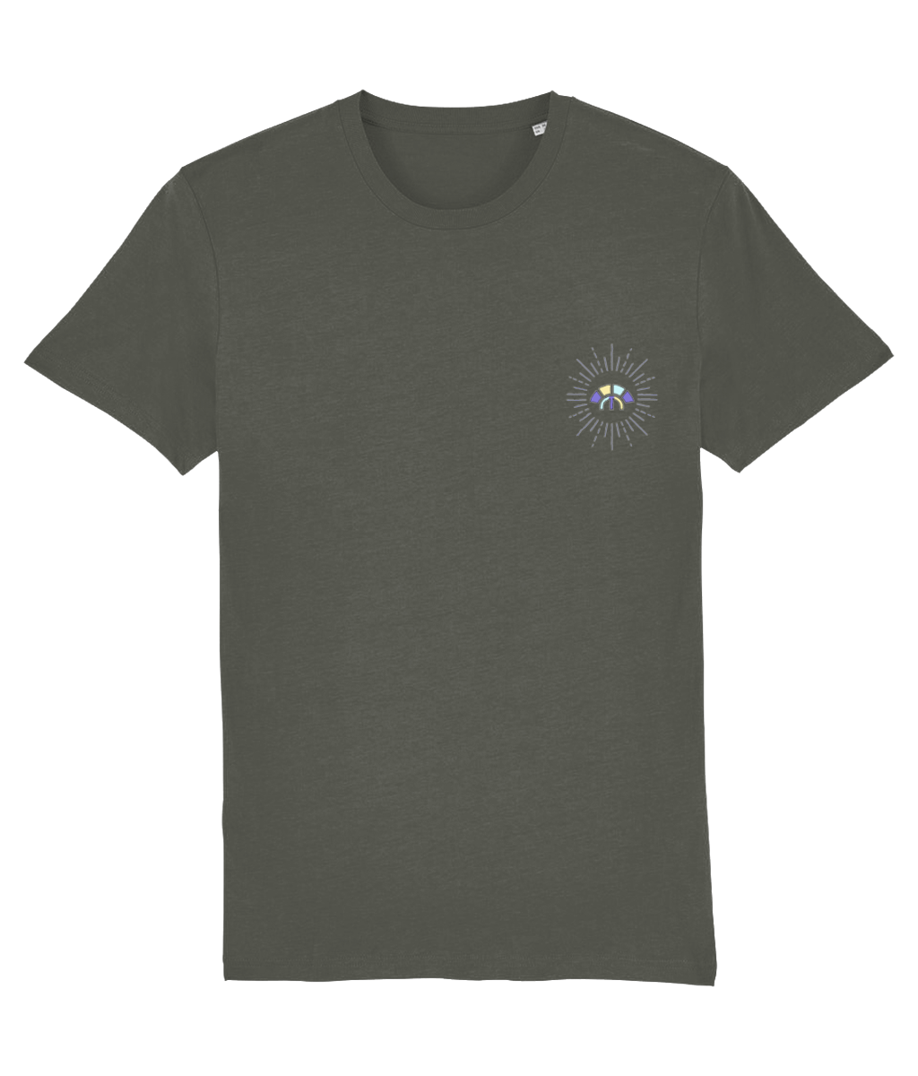 Front view of the khaki Decisive Determination organic cotton t-shirt with a pastel graphic design, laid flat, from Simply Pastels, a UK-based premium ethical clothing brand.