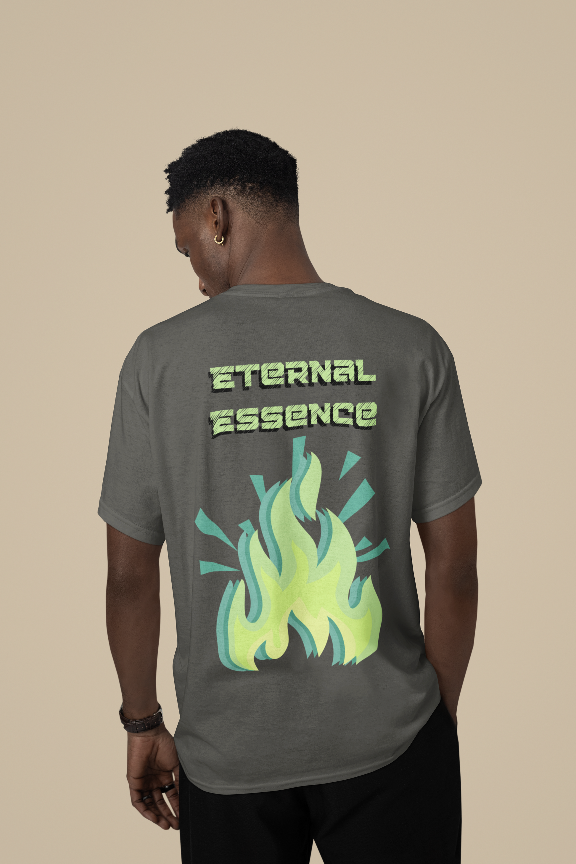 Back view of the khaki Eternal Essence organic cotton t-shirt with a pastel graphic design, from Simply Pastels, a UK-based premium ethical clothing brand.
