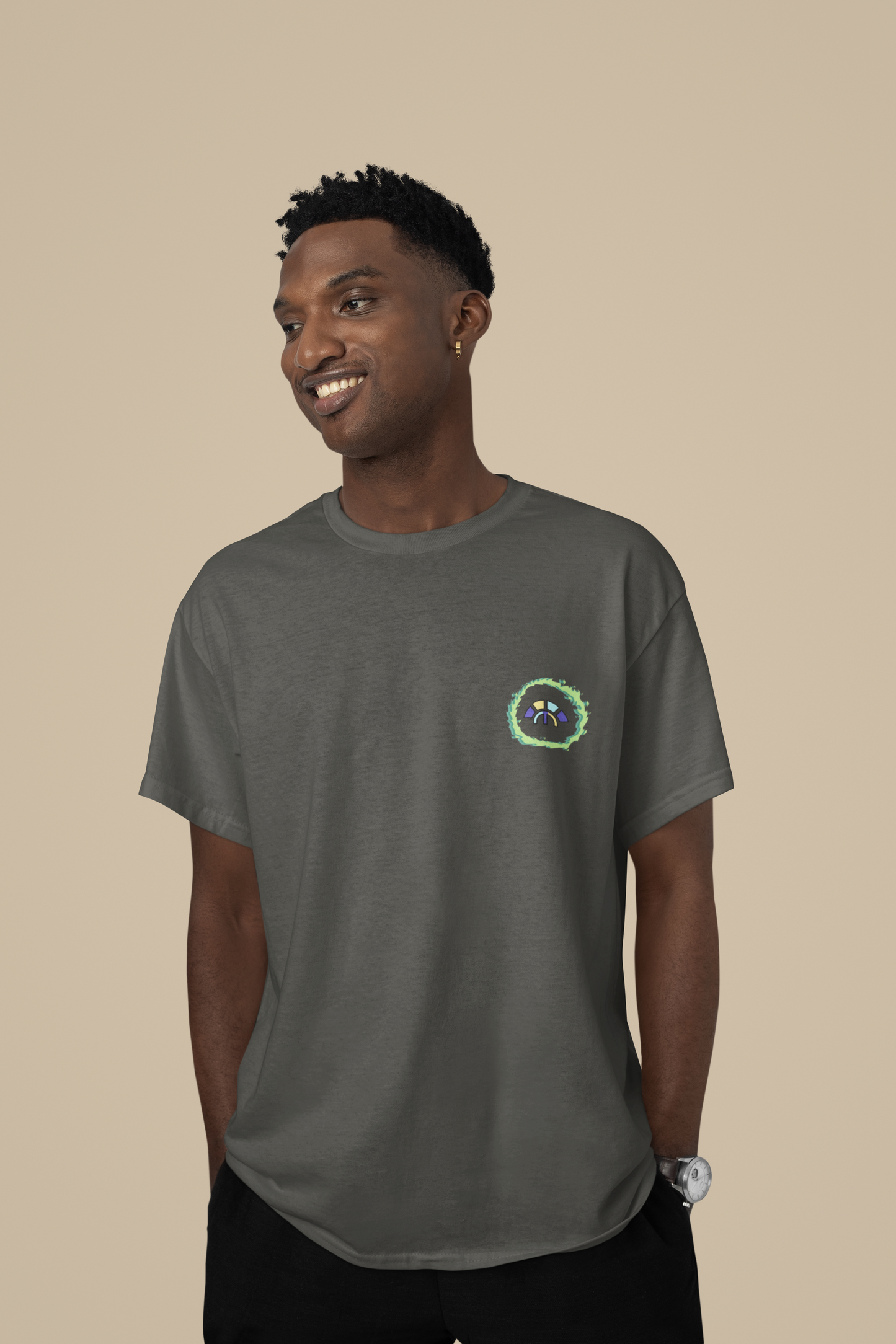 Front view of the khaki Eternal Essence organic cotton t-shirt with a pastel graphic design, from Simply Pastels, a UK-based premium ethical clothing brand.