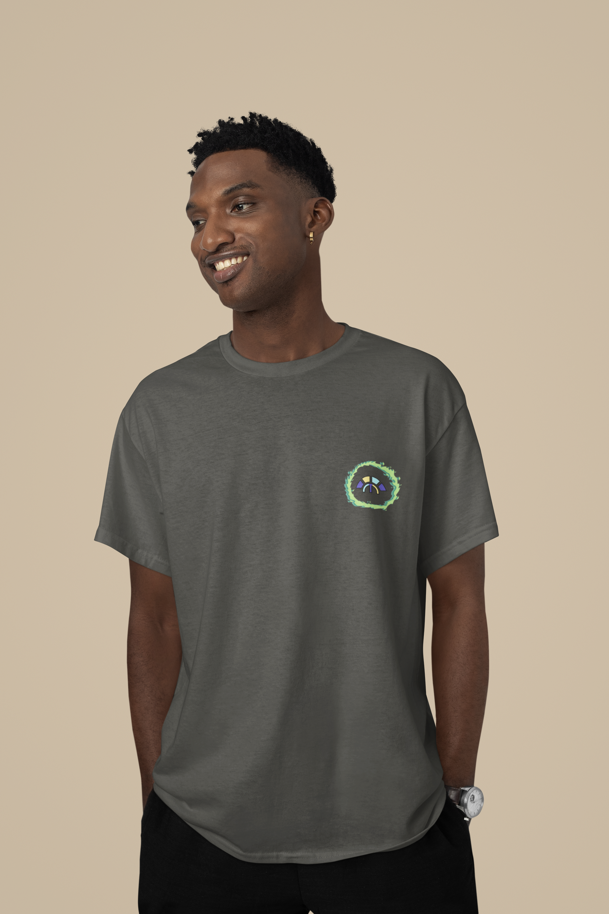 Front view of the khaki Eternal Essence organic cotton t-shirt with a pastel graphic design, from Simply Pastels, a UK-based premium ethical clothing brand.