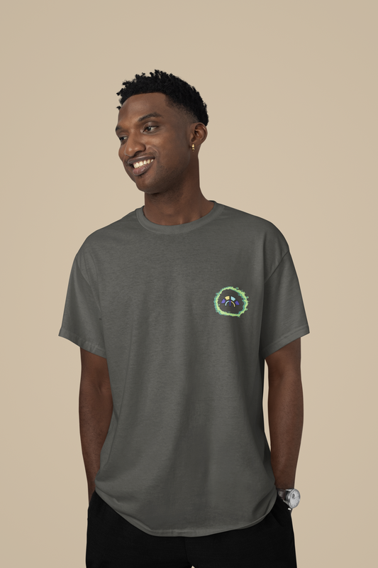 Front view of the khaki Eternal Essence organic cotton t-shirt with a pastel graphic design, from Simply Pastels, a UK-based premium ethical clothing brand.