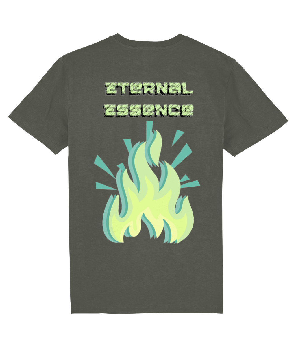 Back view of the khaki Eternal Essence organic cotton t-shirt with a pastel graphic design, laid flat, from Simply Pastels, a UK-based premium ethical clothing brand.
