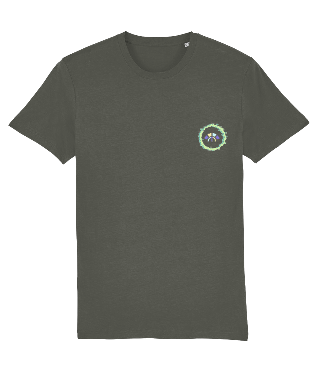 Front view of the khaki Eternal Essence organic cotton t-shirt with a pastel graphic design, laid flat, from Simply Pastels, a UK-based premium ethical clothing brand.